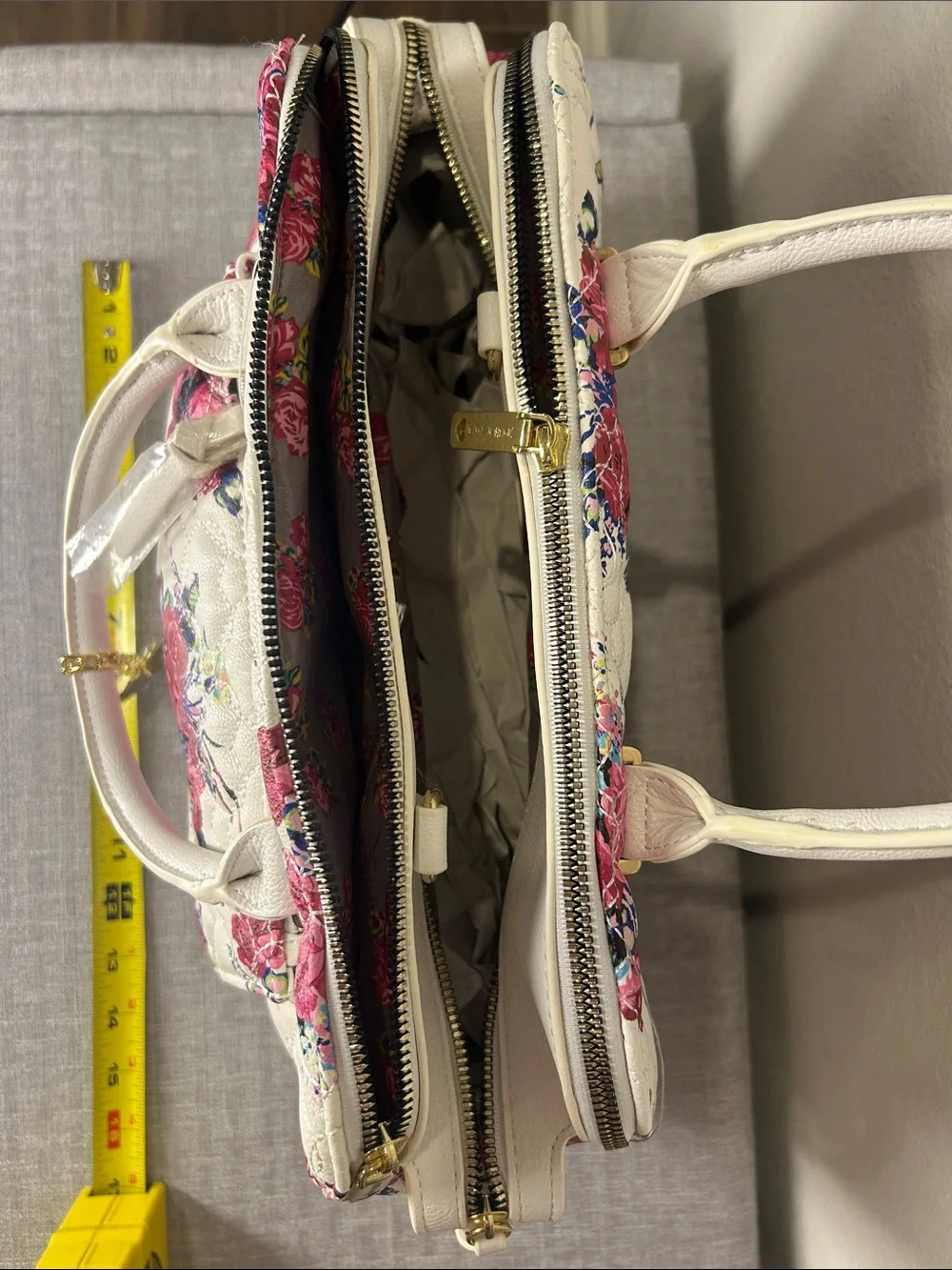Betsey Johnson White Quilted Satchel with Pink Floral Pattern